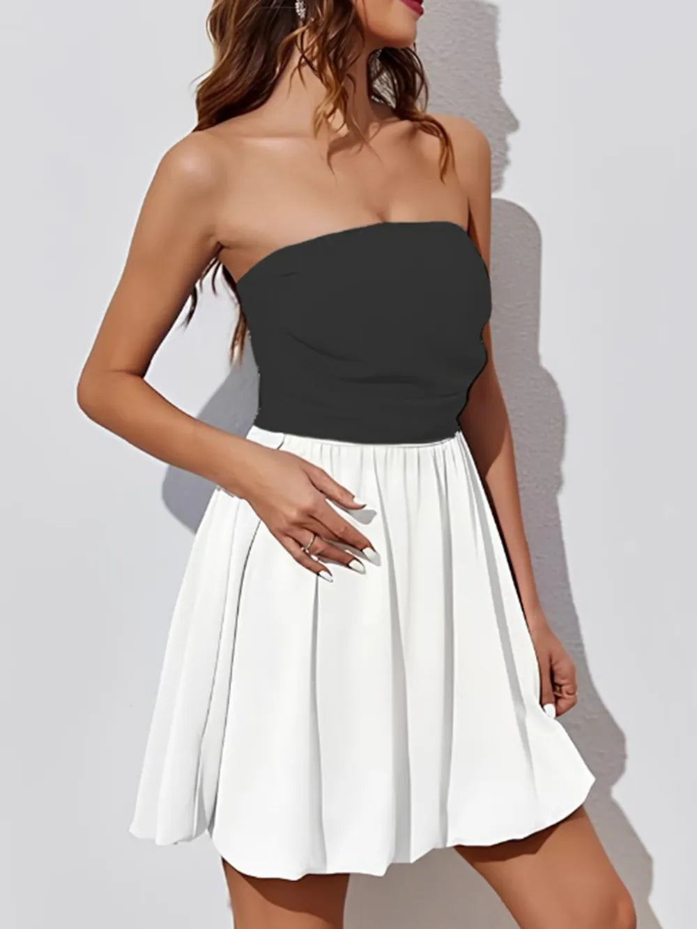 ruched two-tone tube mini dress shown as women’s dress