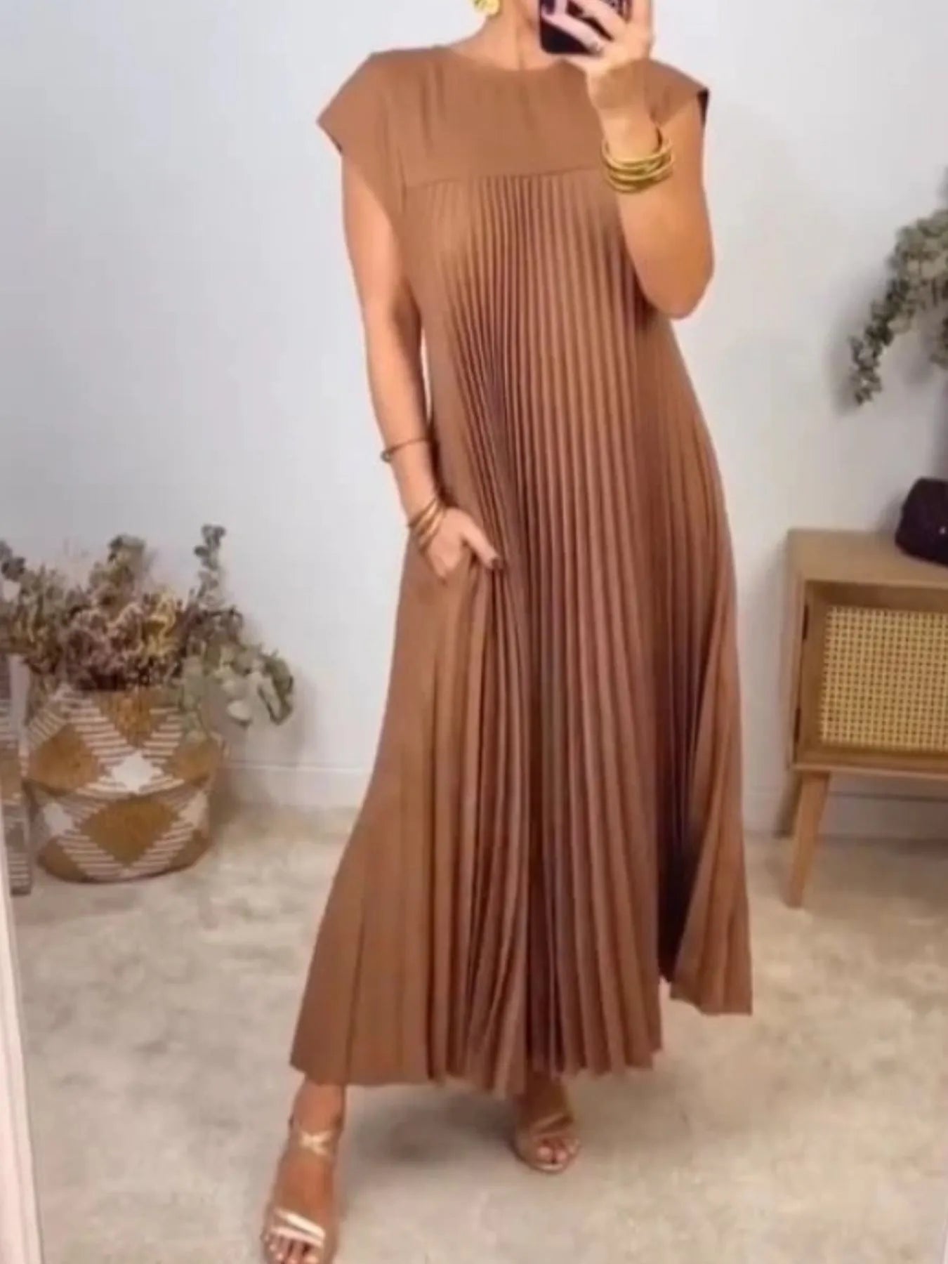 Full Size Pleated Round Neck Maxi Dress Plus Size Camel