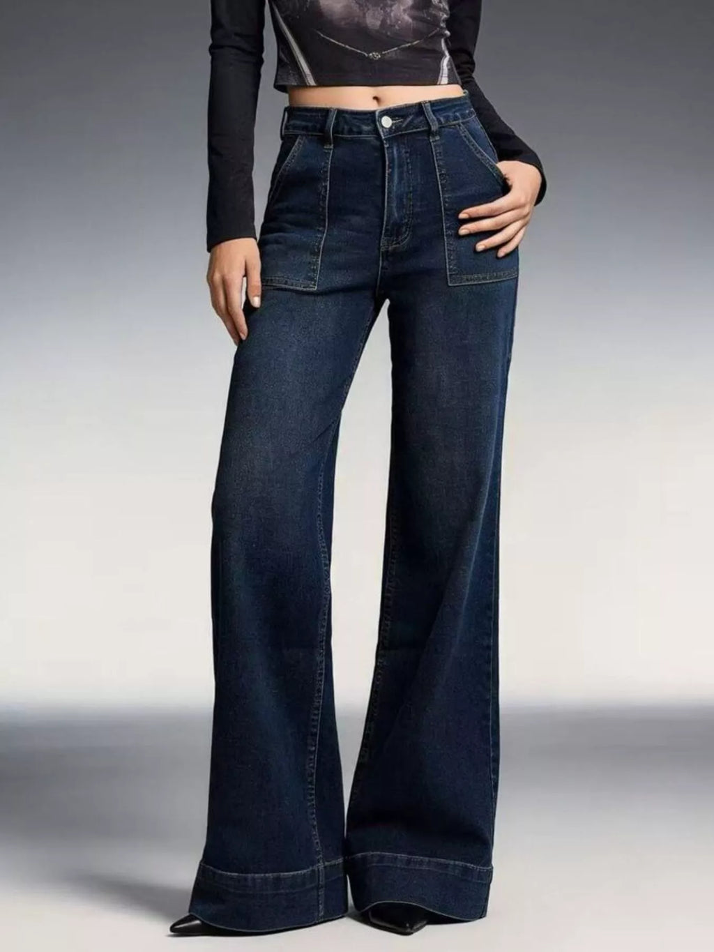 women's high-waisted flare leg jeans - styled view