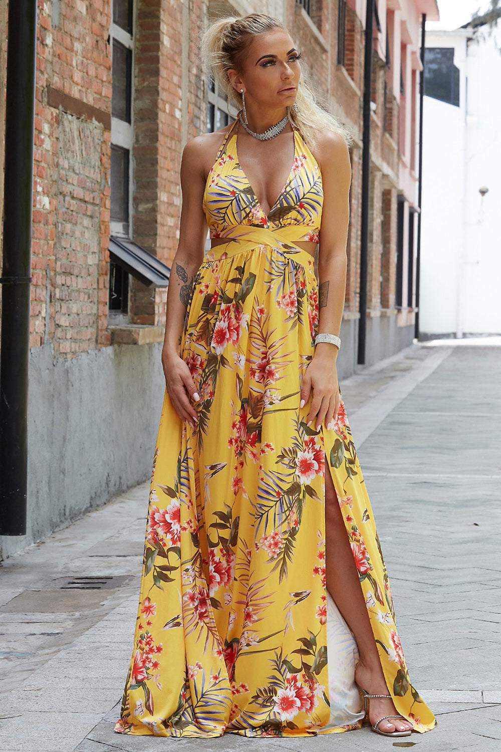 halter neck split dress shown as women’s dress