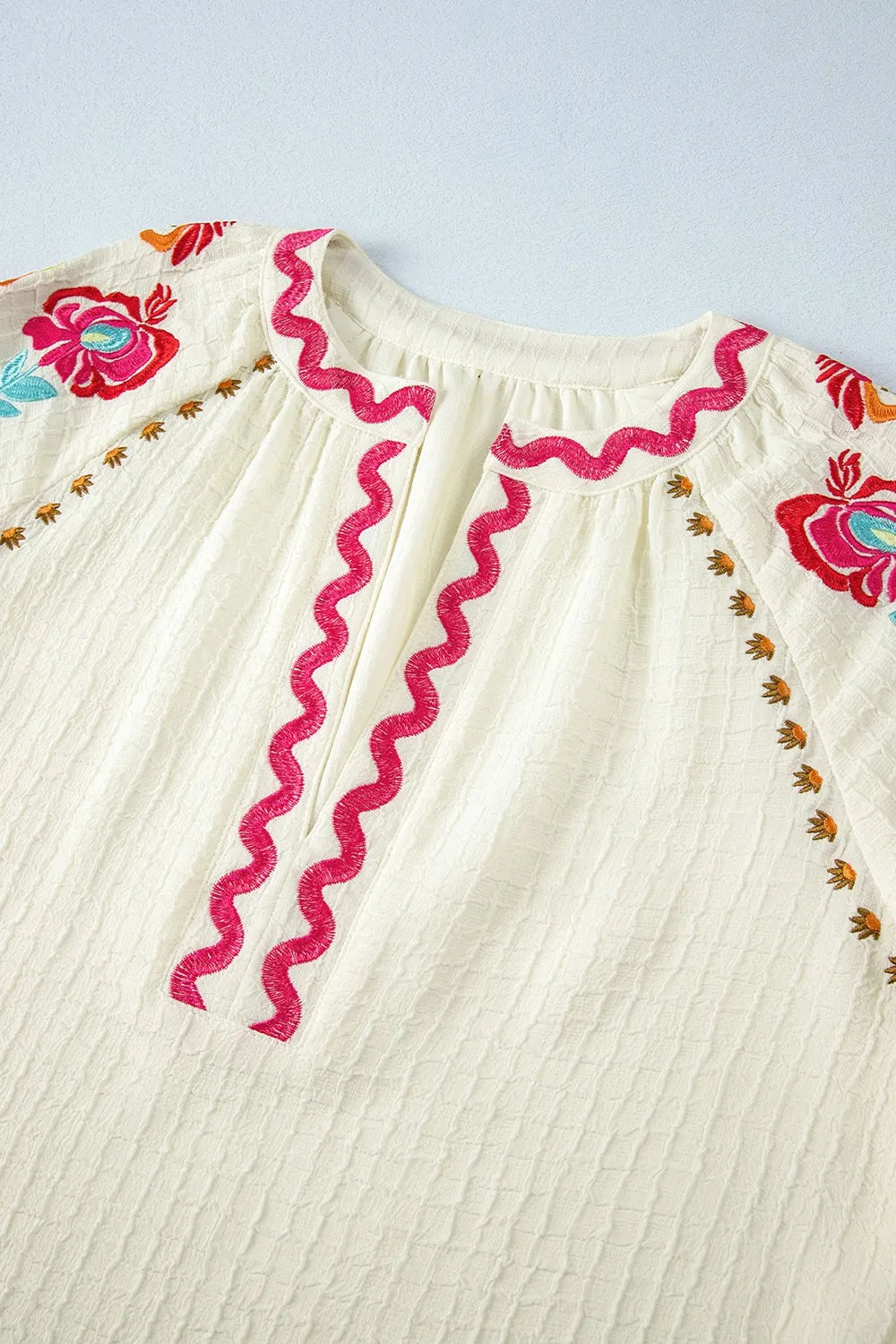 Floral Embroidered Notched Puff Sleeve Blouse