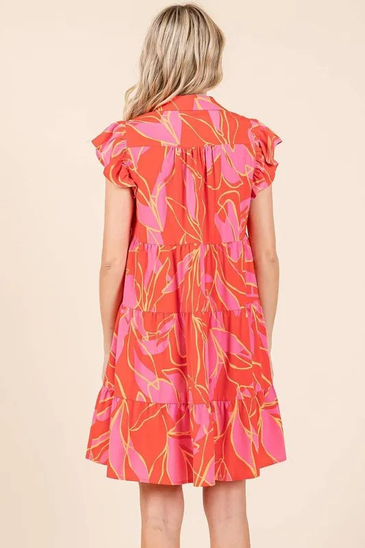 Mittoshop Leaf Print Ruffle Sleeve Tiered Mini Dress