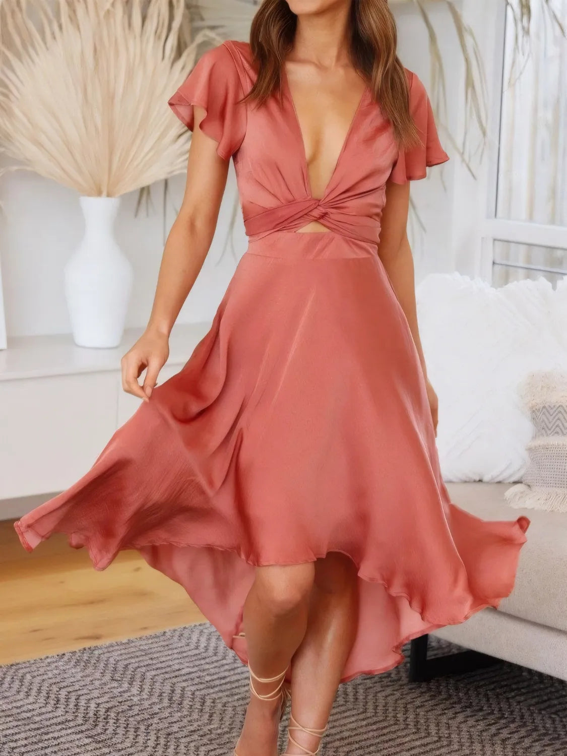High-Low Plunge Flutter Sleeve Dress Coral