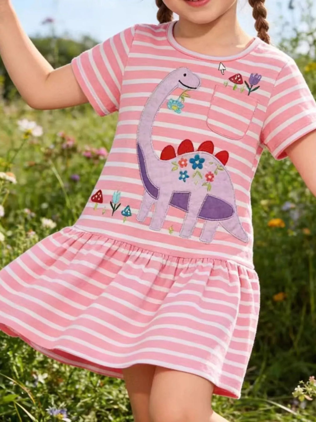 women's children's striped dinosaur embroidered casual dress - product showcase