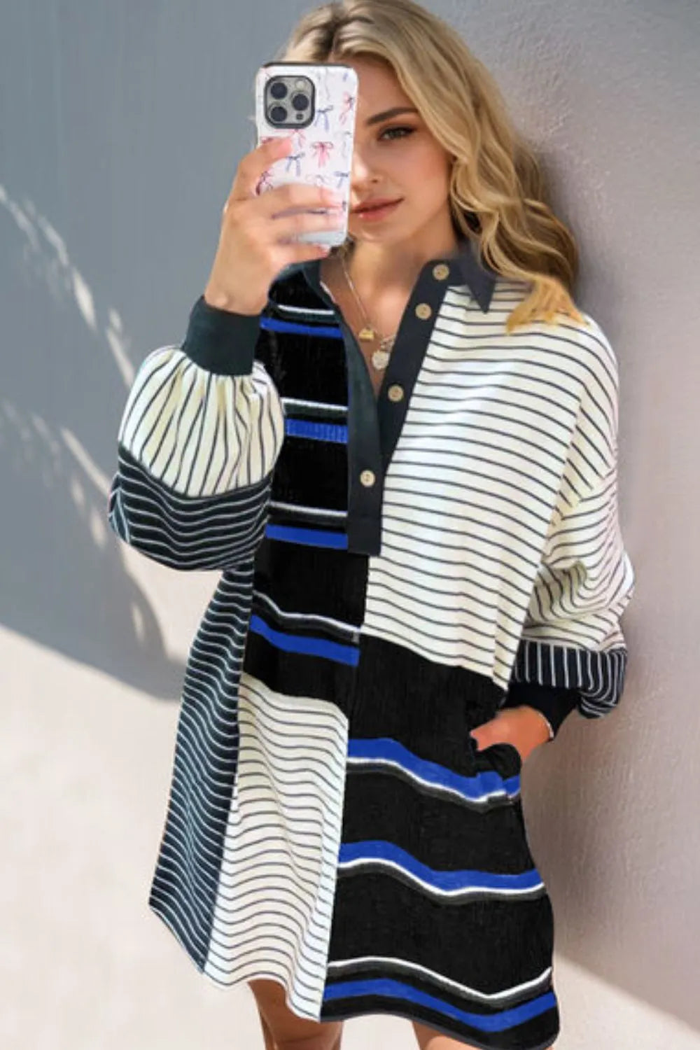 Oh Full Size Striped Half Button Long Sleeve Mini Dress Black