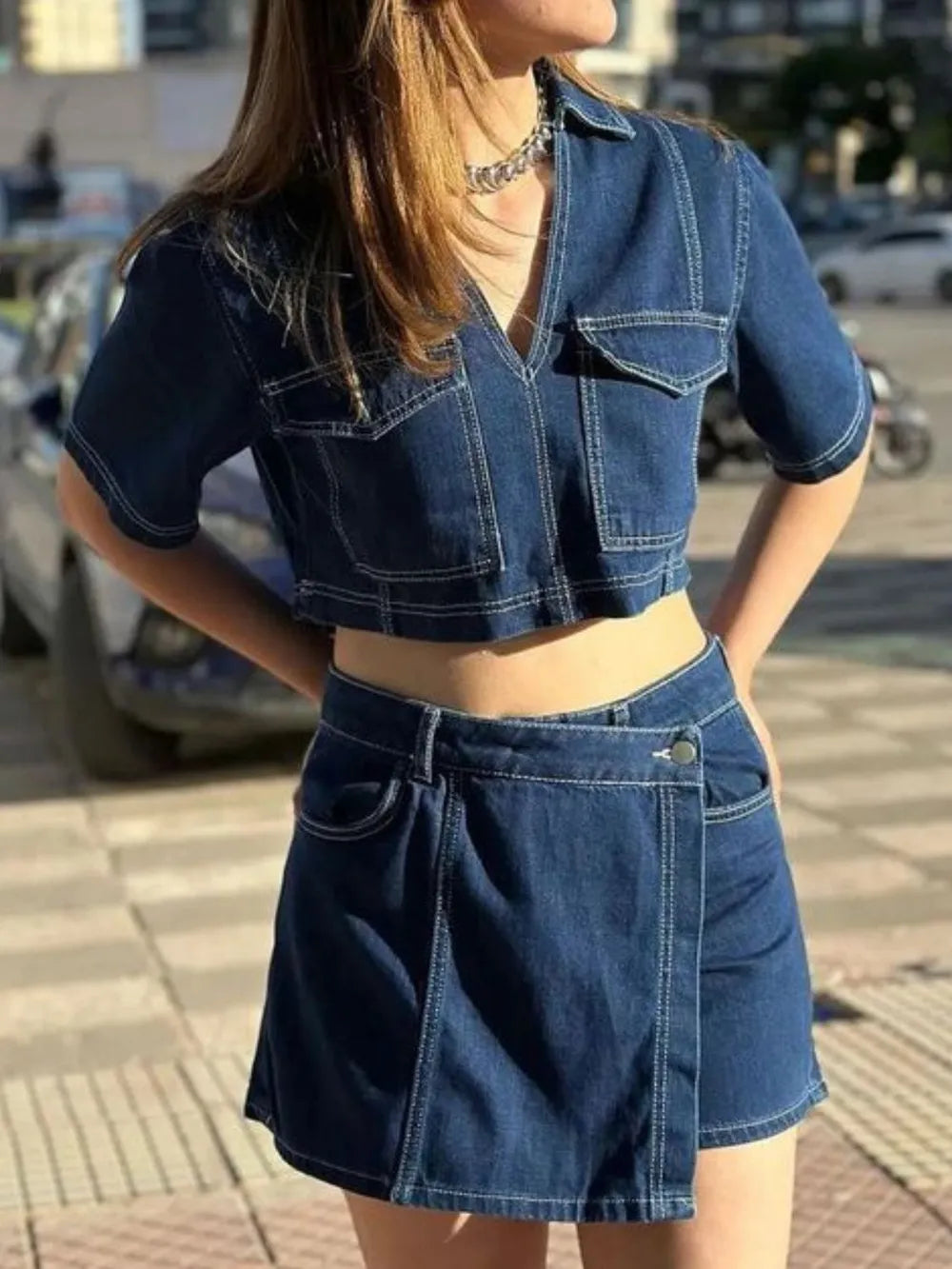Johnny Collar Short Sleeve Top and Skort Denim Set Dark Blue