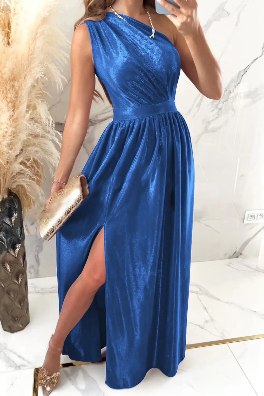 One-Shoulder Slit Ruched Maxi Dress – Donjane