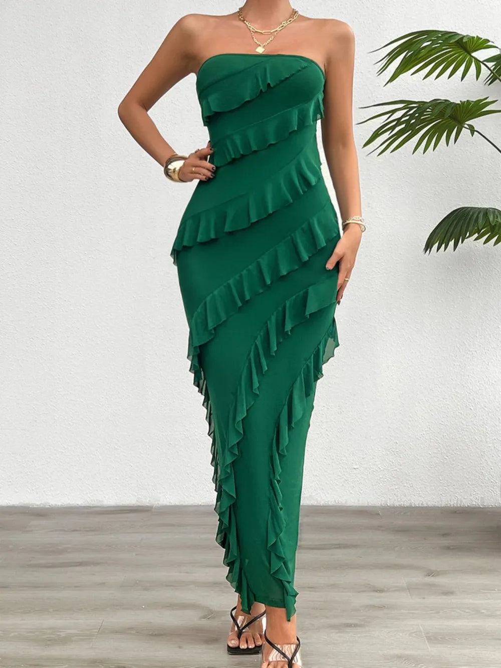 Devine Ruffled Slit Back Tube Maxi Dress Dark Green