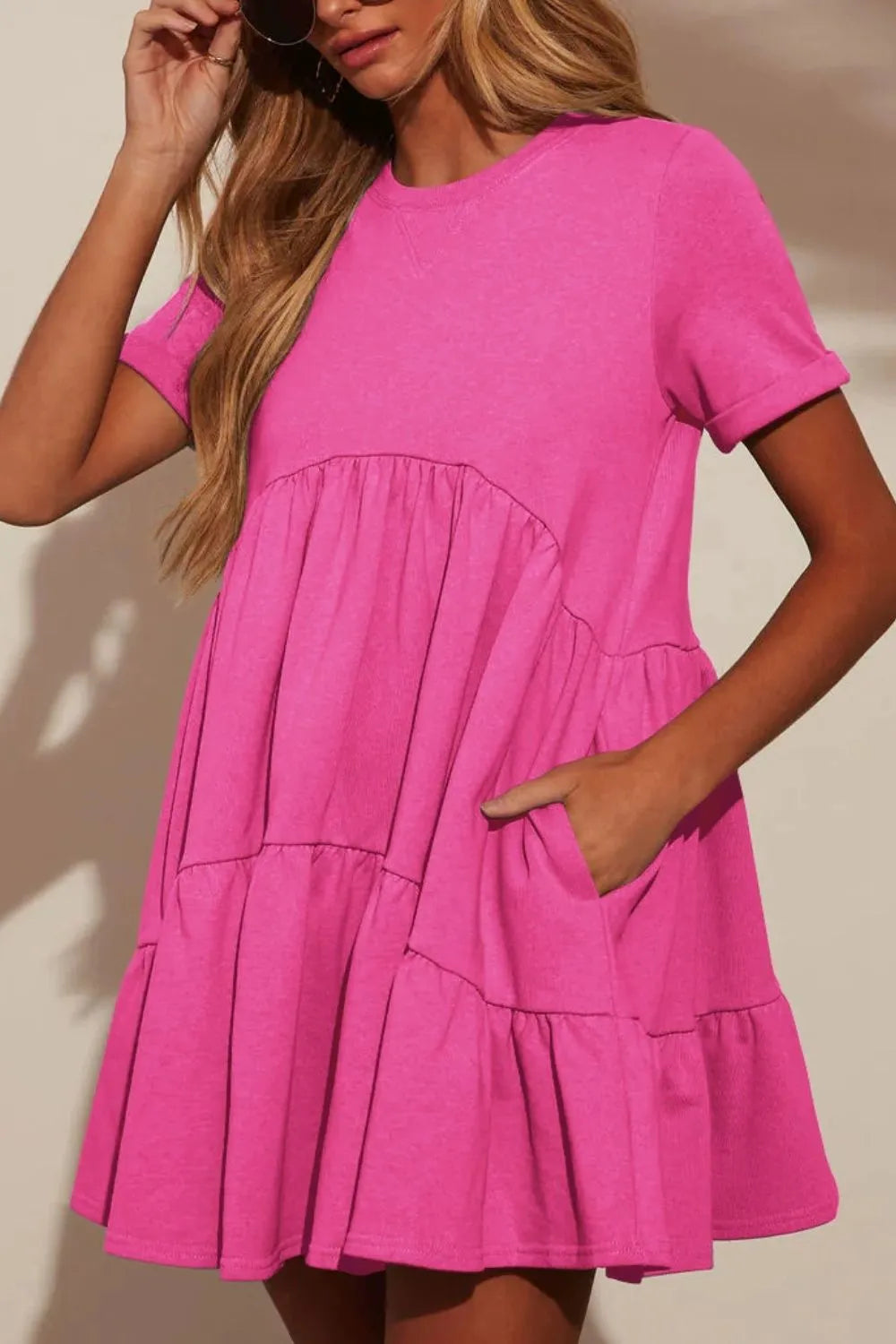 Tiered Round Neck Short Sleeve Mini Dress Hot Pink