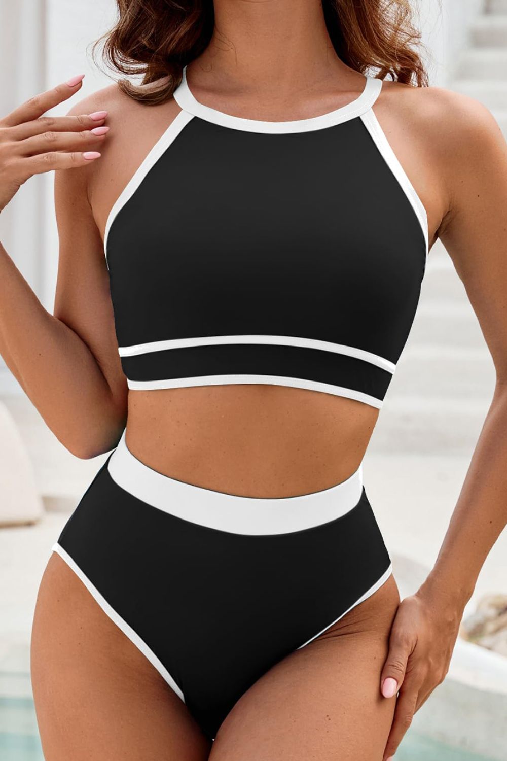 Crisscross Contrast Trim Bikini Set Black