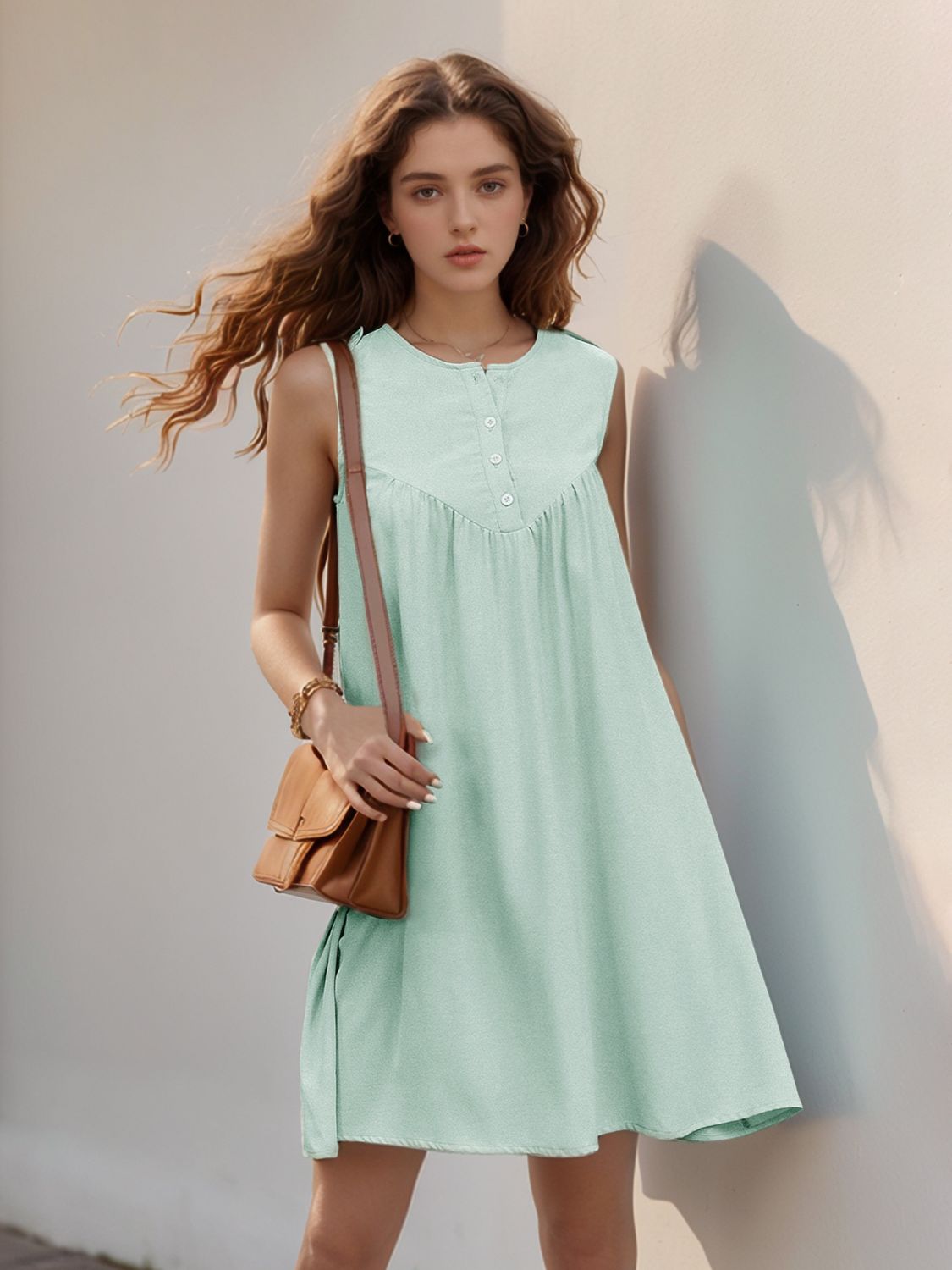 Perfee Button Detail Round Neck Sleeveless Mini Dress Light Green