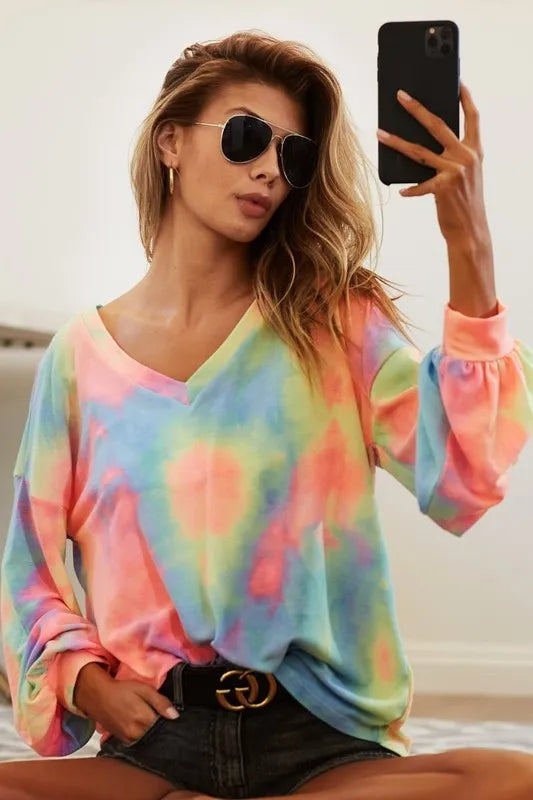 women's bibi tie dye french terry v neck top - extra view