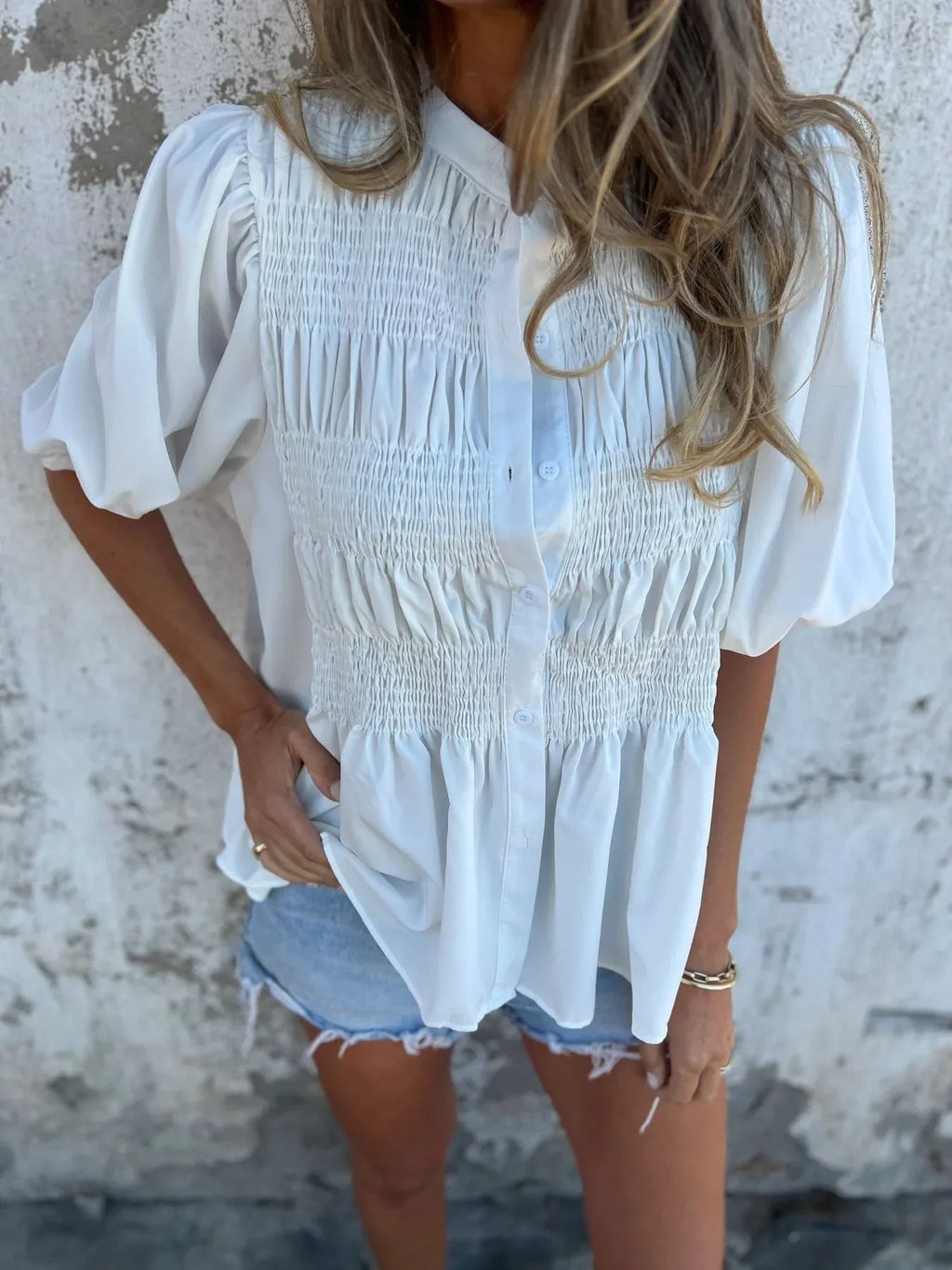 Full Size Smocked Button Front Puff Sleeve Shirt Plus Size