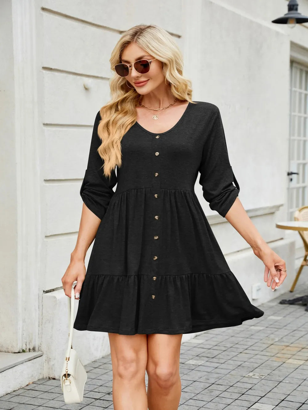 Tiered Ruched V-Neck Mini Dress Black