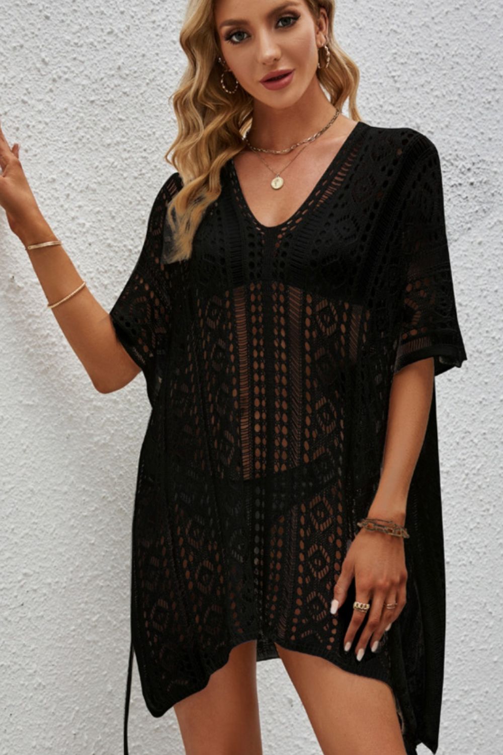 openwork v-neck short sleeve cover up shown as women’s swim cover-up