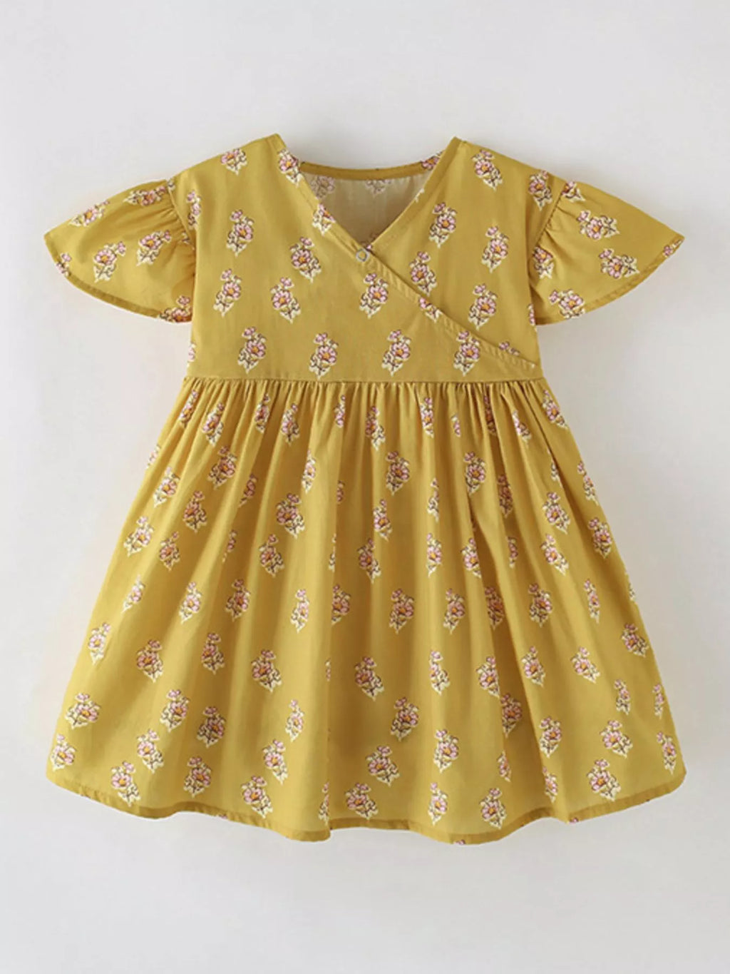 women's children's floral print ruffle sleeve wrap dress - front view