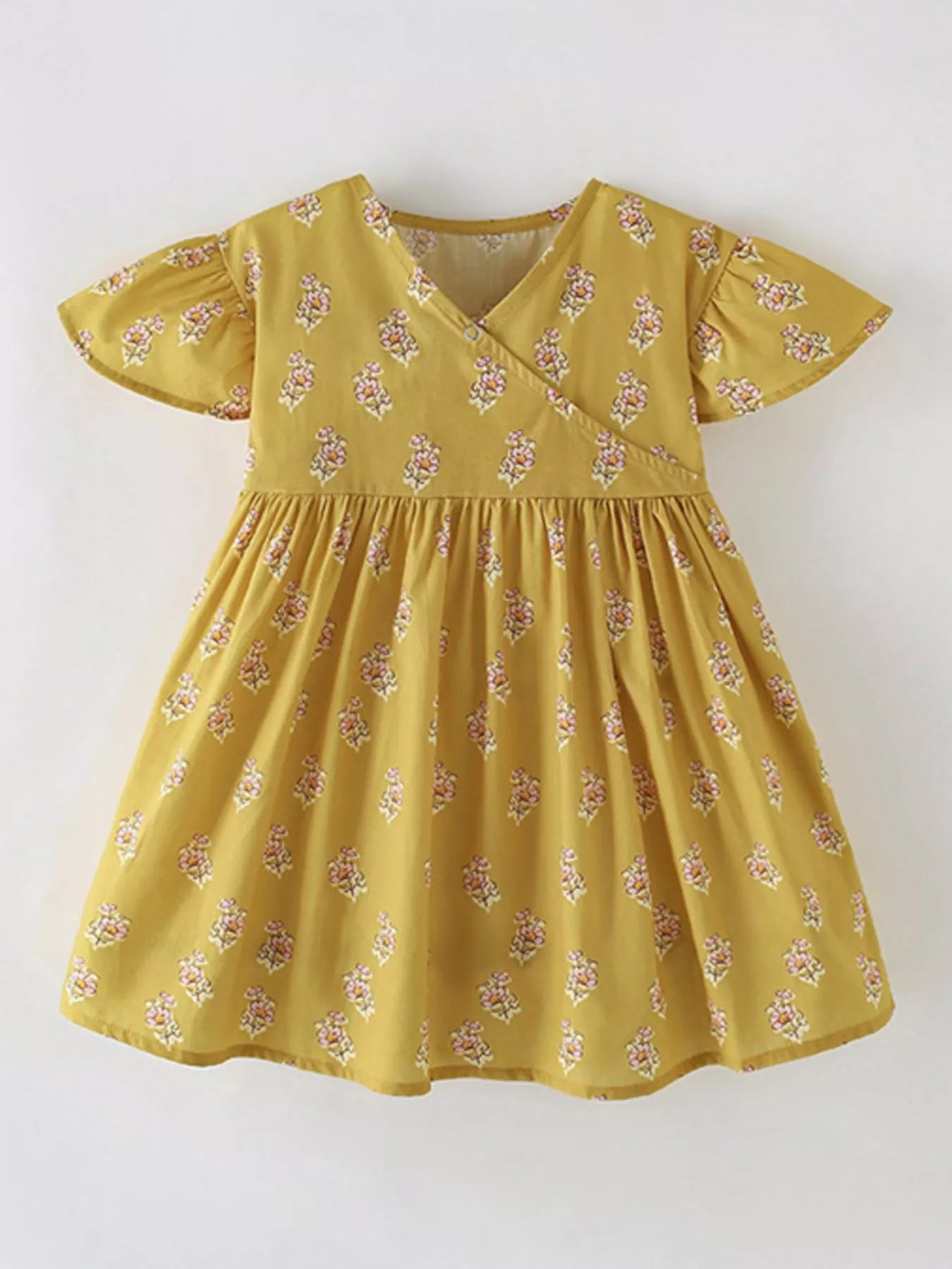women's children's floral print ruffle sleeve wrap dress - front view