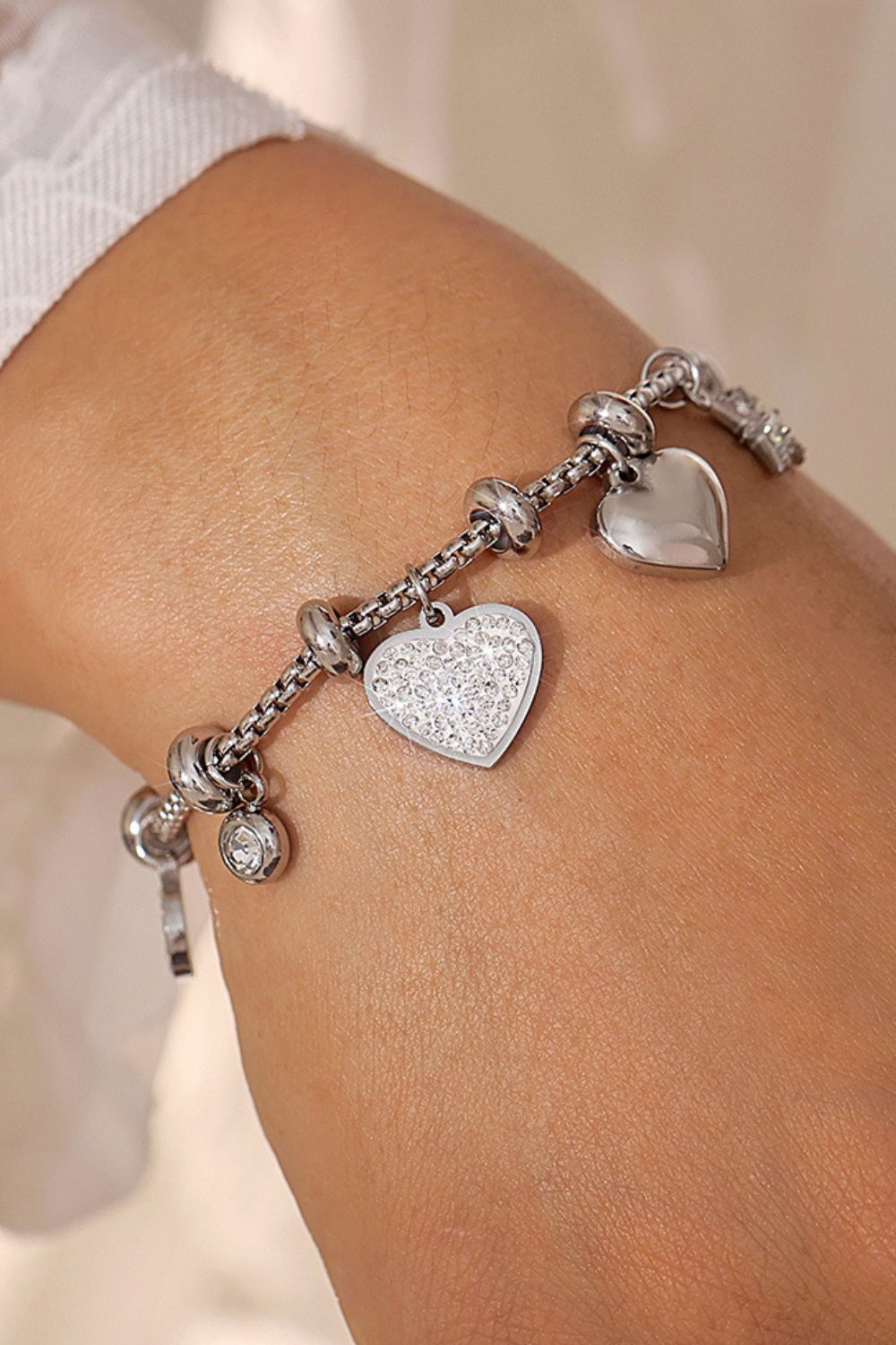 Titanium Steel Inland Zircon Heart Charm Bracelet Silver One Size