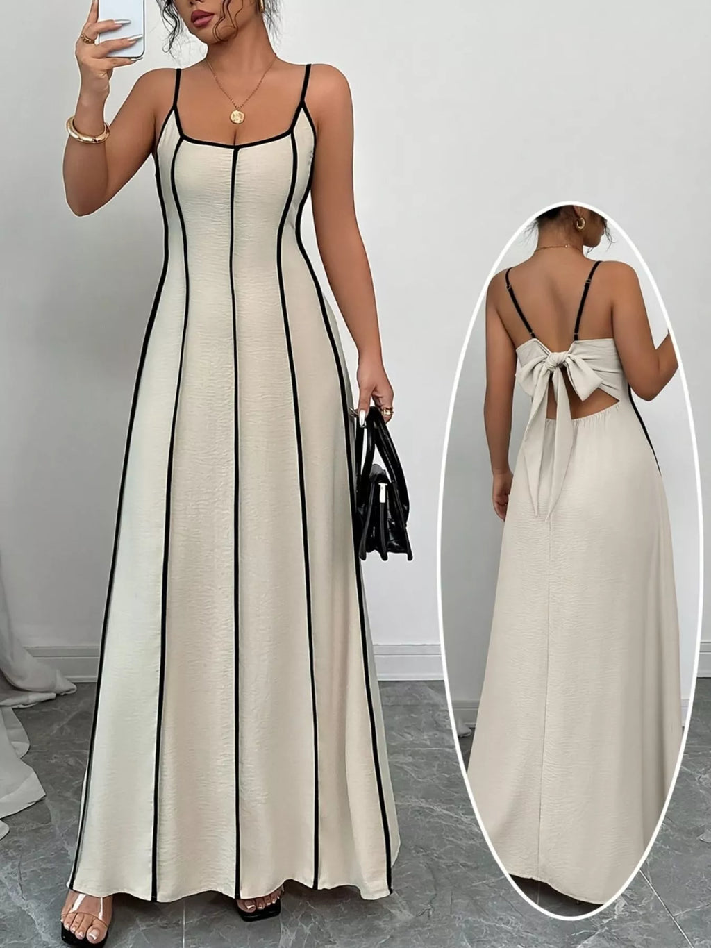 women's contrast trim spaghetti strap maxi dress - alternate angle