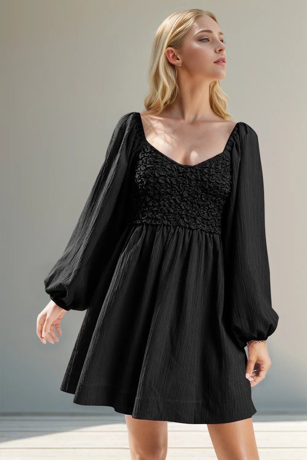 Double Take Texture Smocked Balloon Sleeve Mini Dress Black