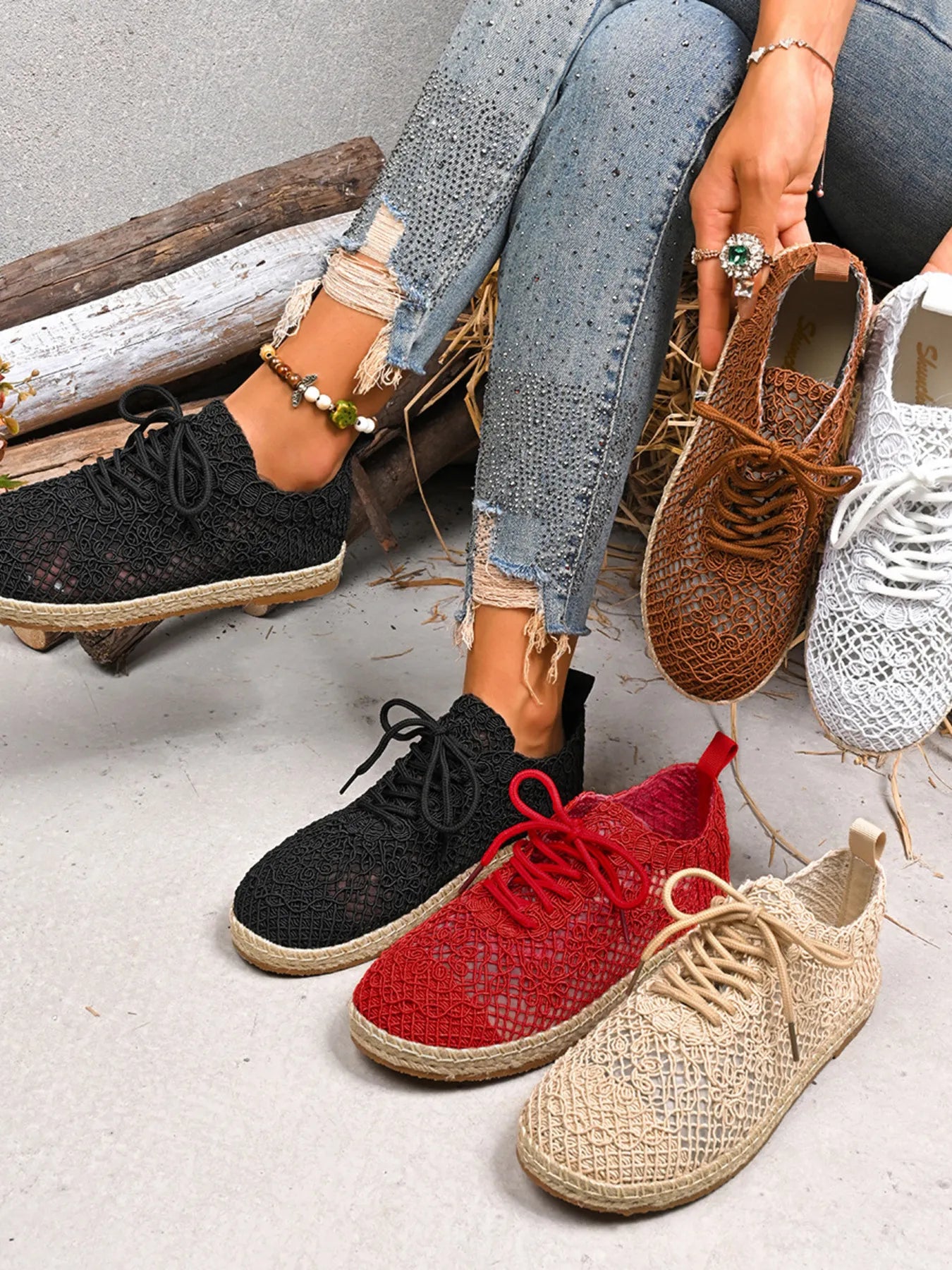 women's breathable woven lace up sneakers - front view