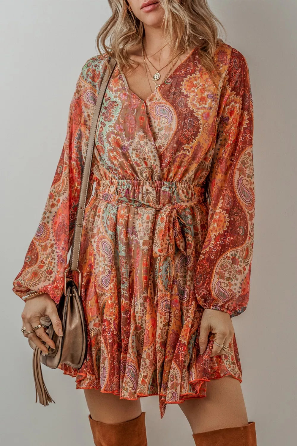 women's boho paisley print long sleeve mini dress - close-up detail