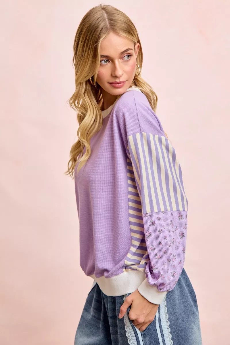 women's bibi mix and match sweatshirt with floral sleeve striped - styling option