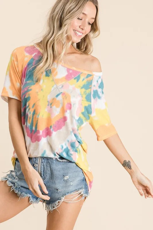 women's bibi tie dye print short sleeve t-shirt with raglan sleeves - product detail