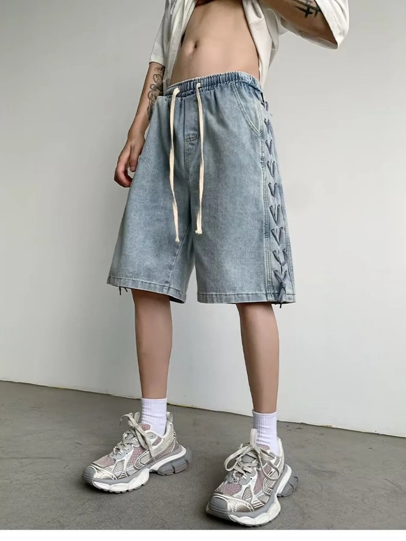 men's men's full size drawstring loose fit denim shorts plus size - detail shot