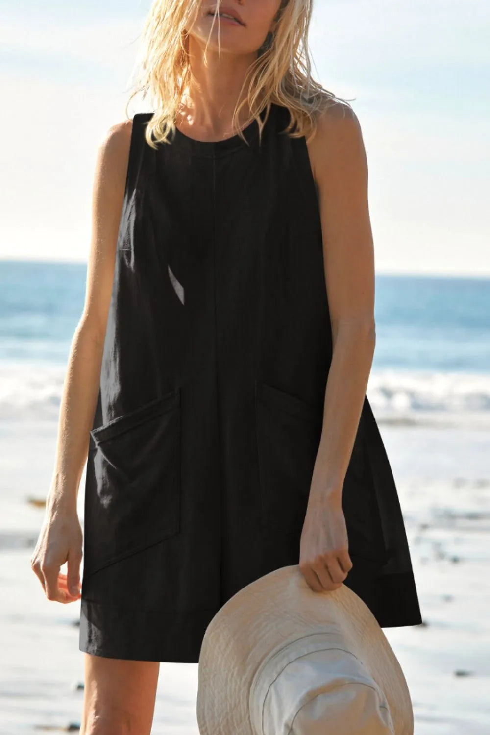Lovelet Round Neck Sleeveless Romper with Pockets Black