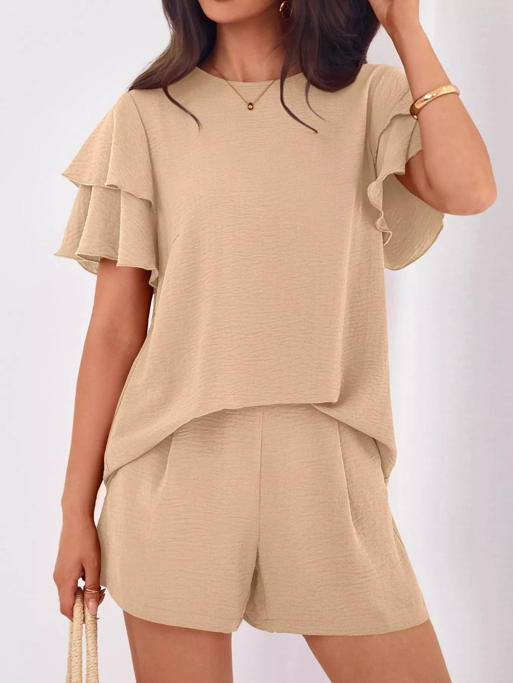 women's ruffle sleeve top and shorts two-piece set - styling option
