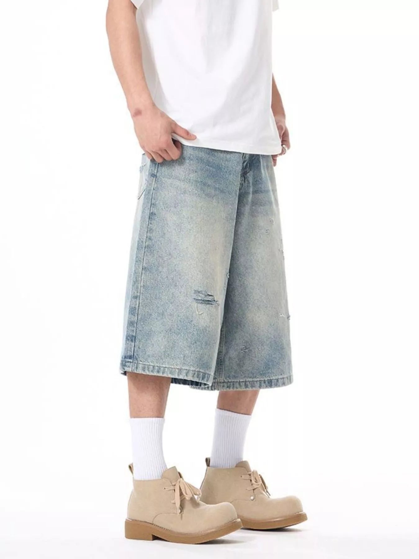 men's men's plus size distressed washed demin shorts - extra view