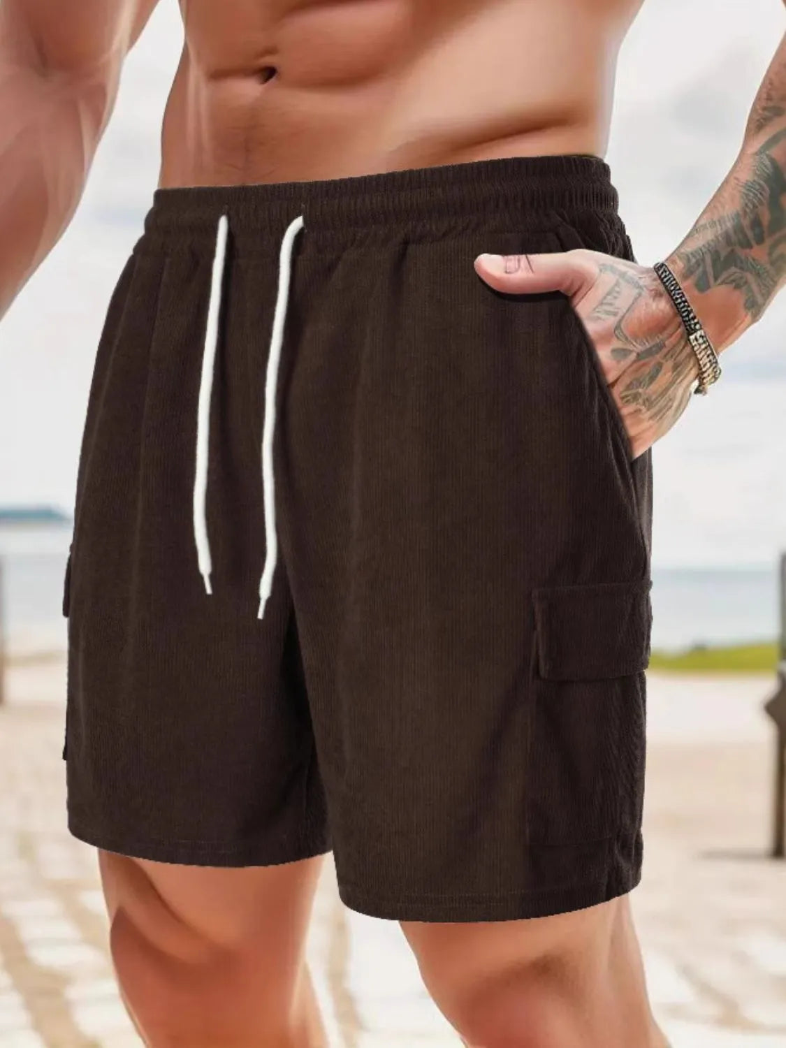 men's drawstring shorts with pockets styled as a men’s shorts