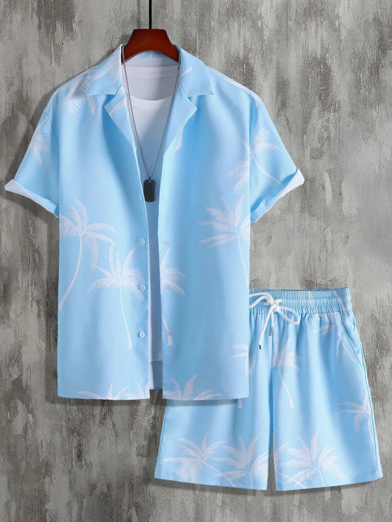 men's men's full size palm print button up shirt and shorts set plus size - product detail