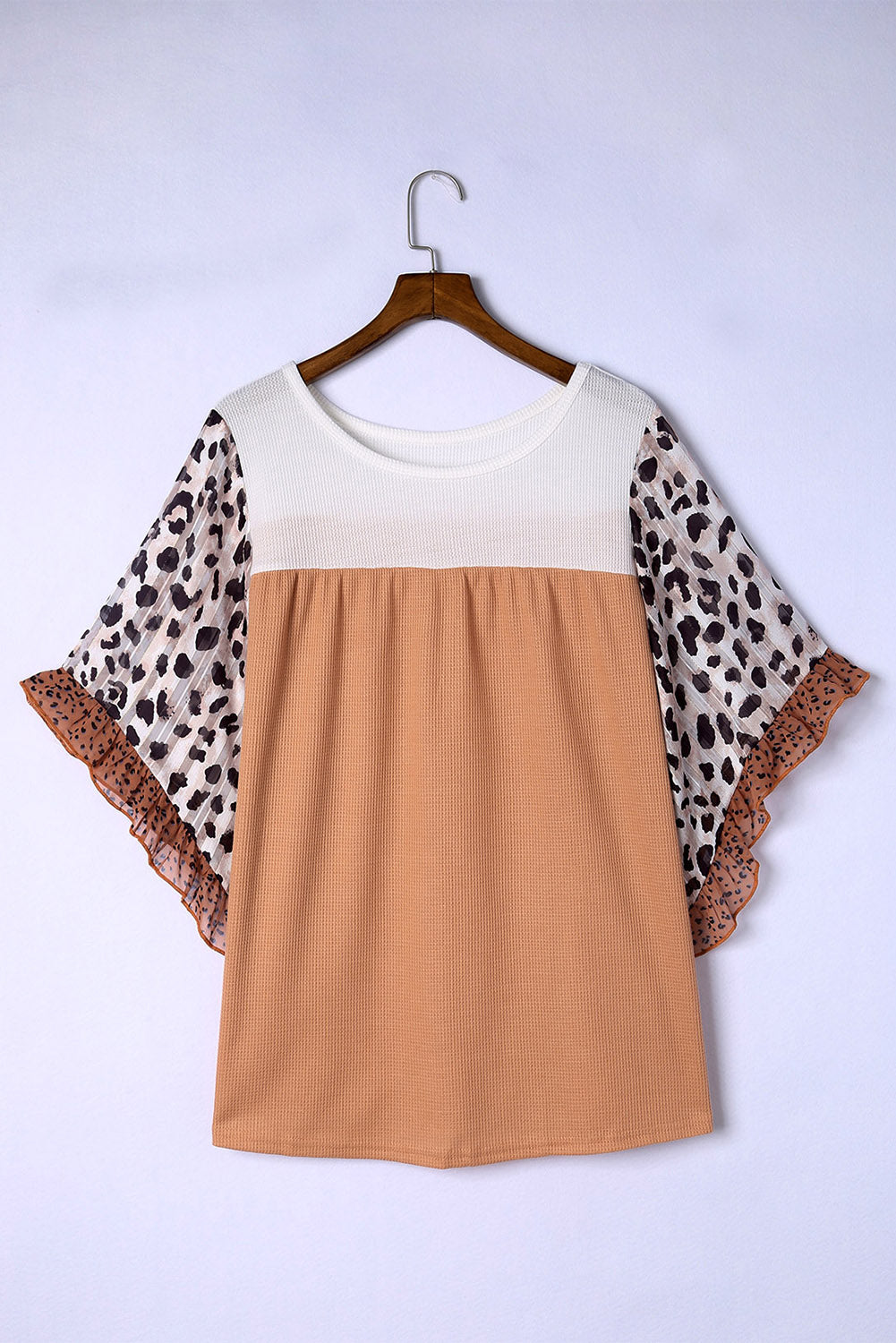 Plus Size Printed Color Block Ruffled Blouse Ochre
