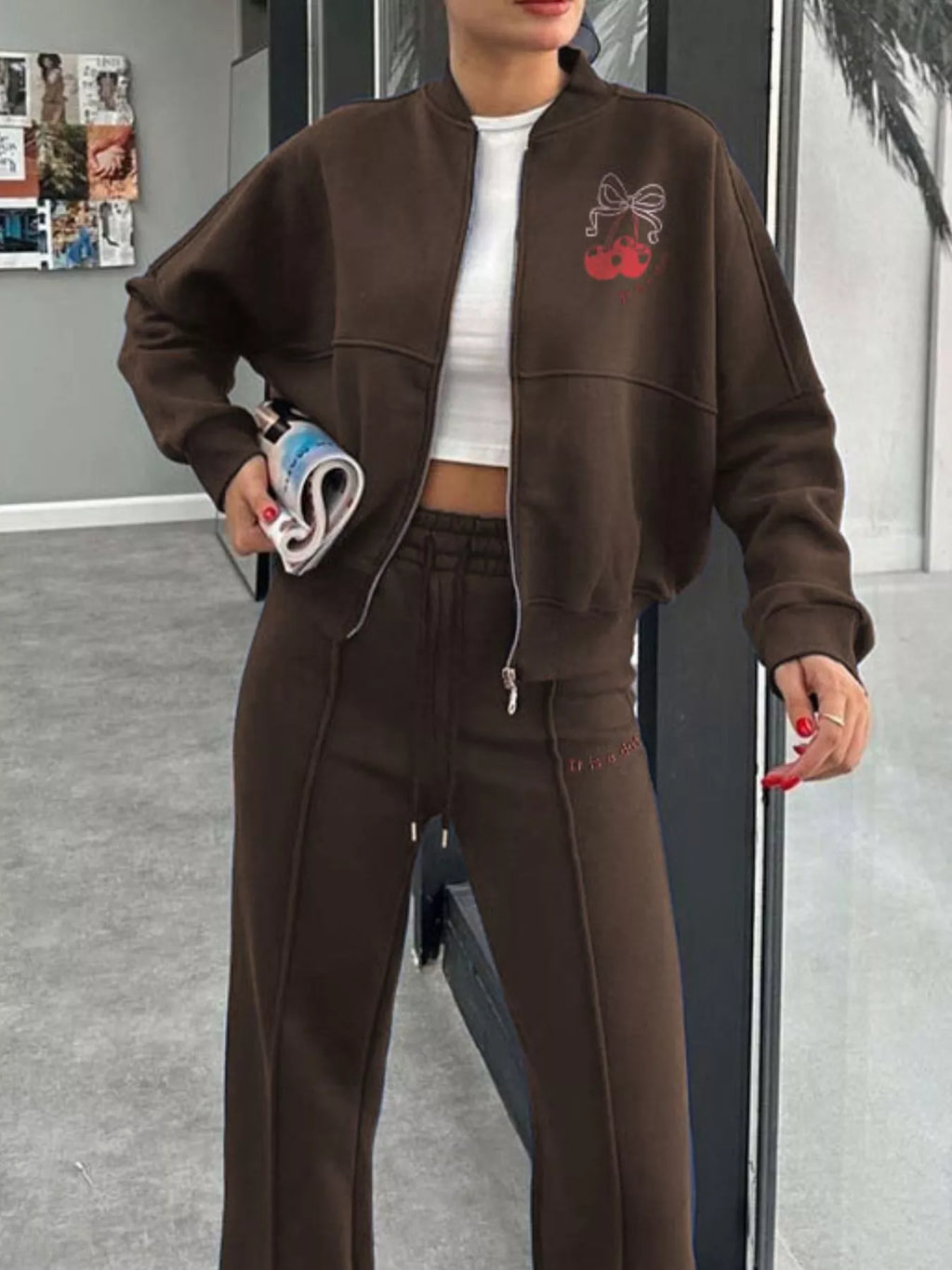 women's zip up dropped shoulder outerwear and pants set - product detail