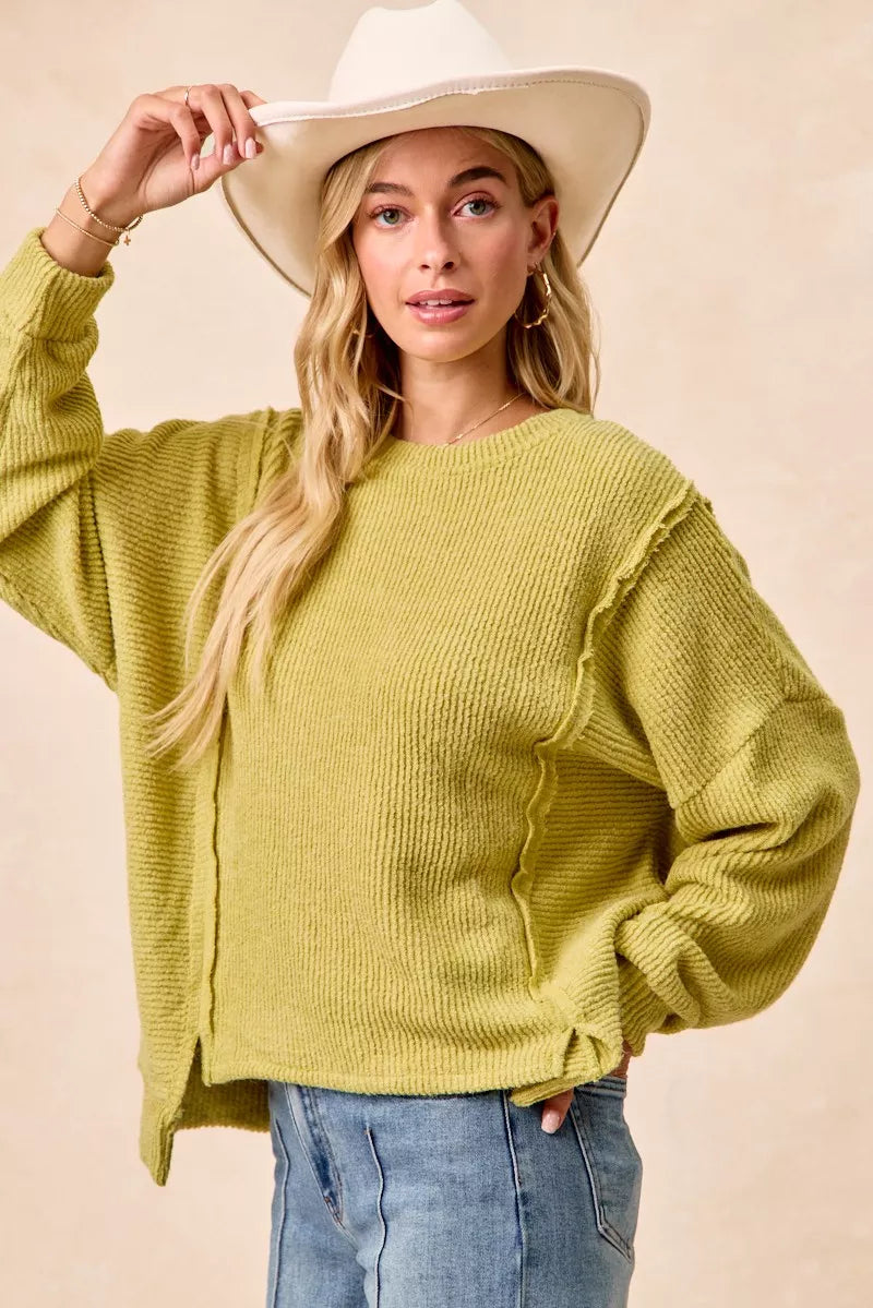 women's bibi boucle rib knit uneven hem sweater with open seam - product detail