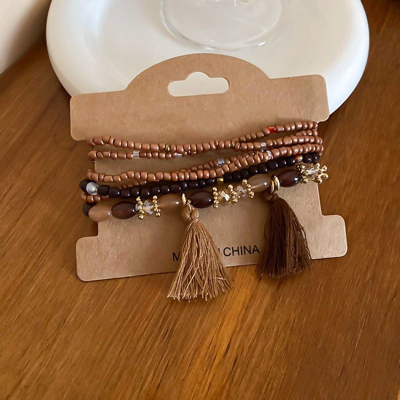 tassel rice bead bracelet shown as ring