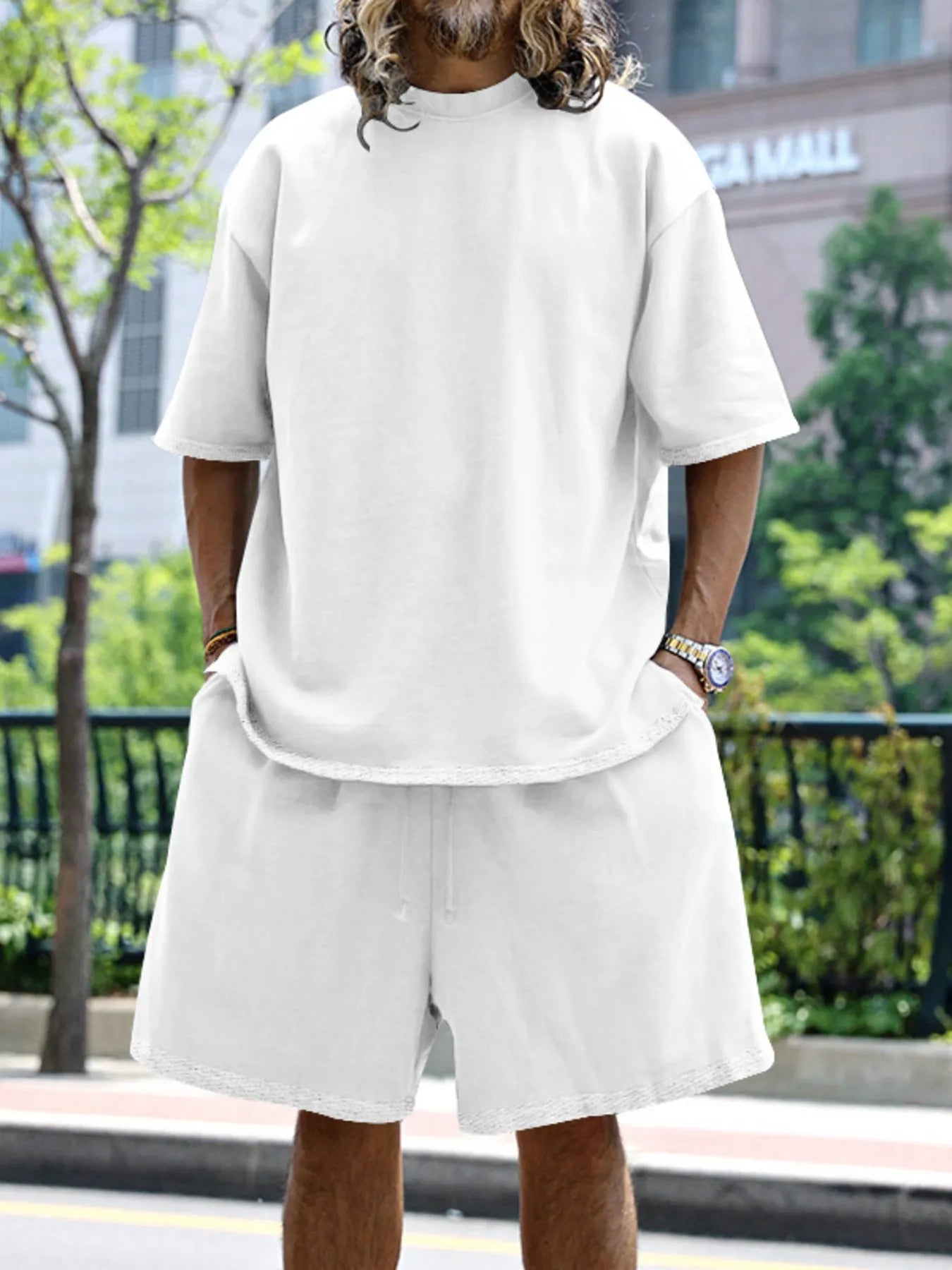 men's men's full size round neck short sleeve top and shorts set plus size - extra view