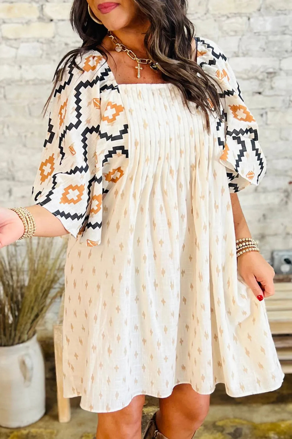 Geometric Square Neck Half Sleeve Mini Dress