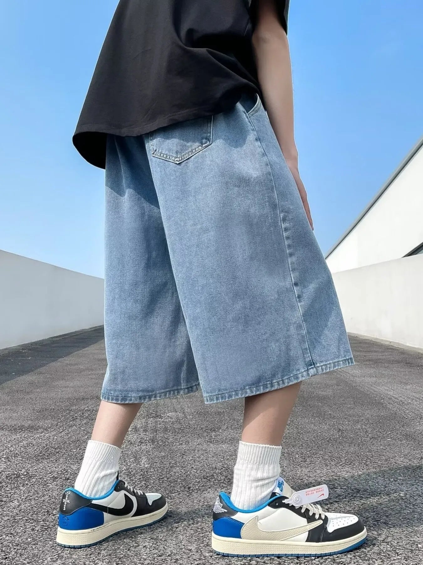 men's men's full size vintage wash wide-leg denim shorts plus size - lifestyle shot