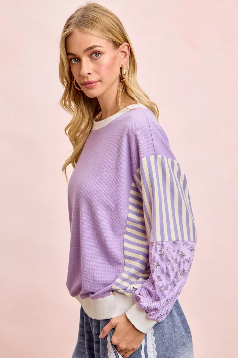 women's bibi mix and match sweatshirt with floral sleeve striped - product detail