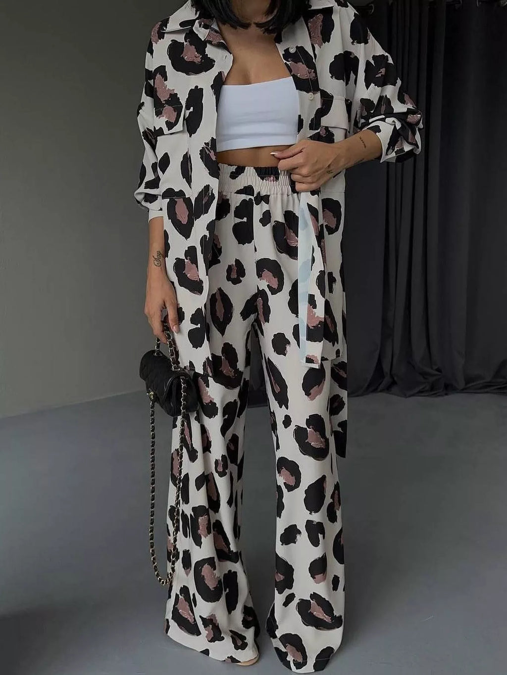 women's leopard print relaxed fit shirt and pants two-piece set - front view