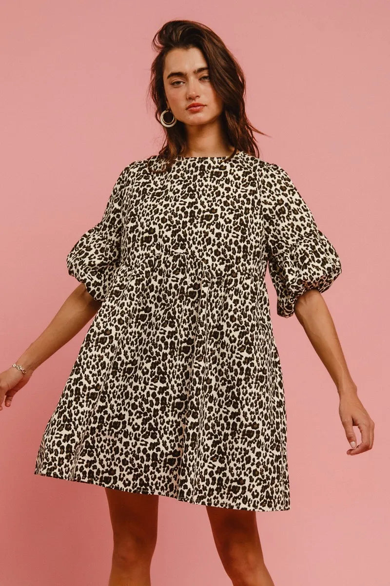 bibi leopard denim dress with back contrast tie detail shown as women’s outerwear