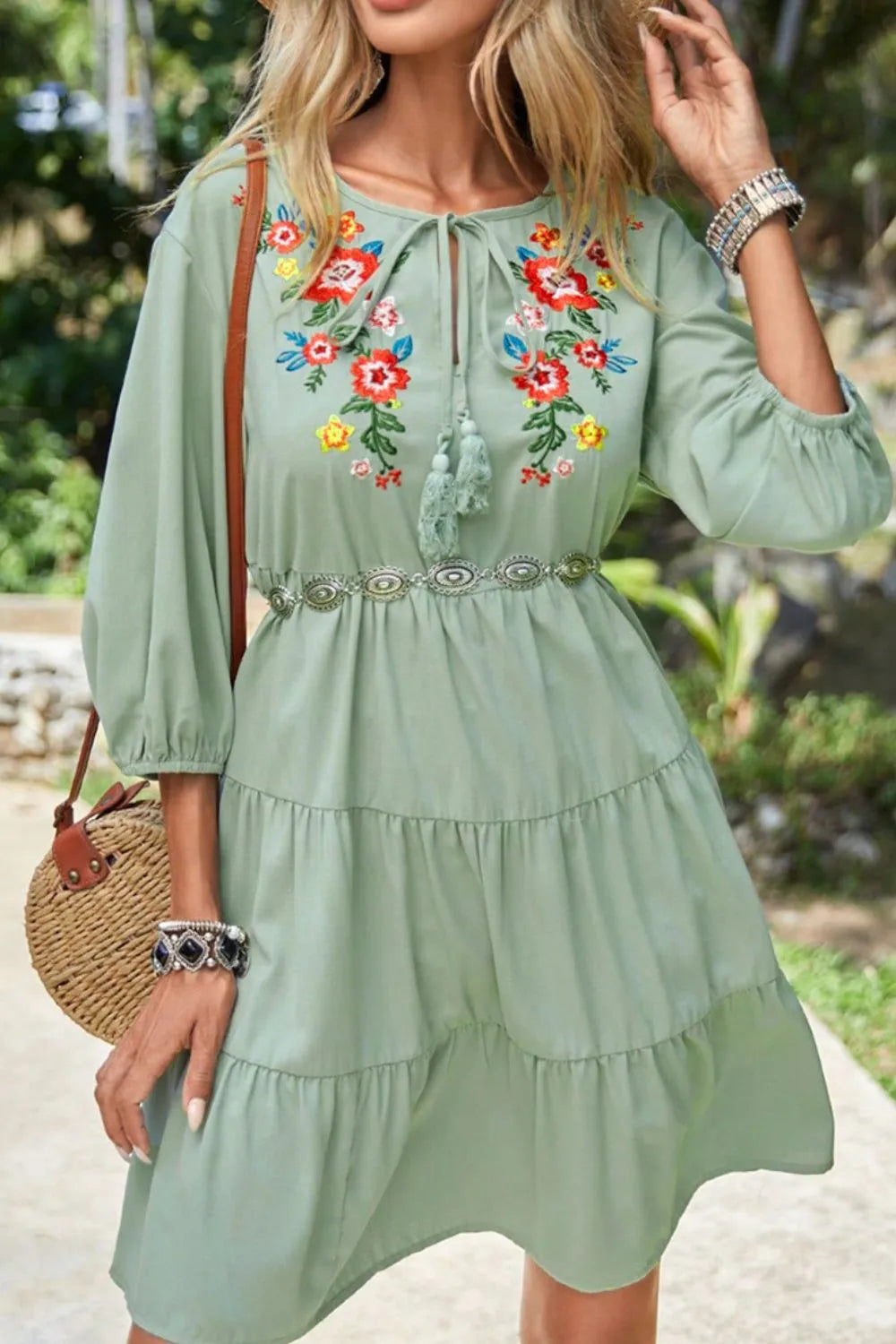 Embroidered Tie Neck Three-Quarter Sleeve Mini Dress