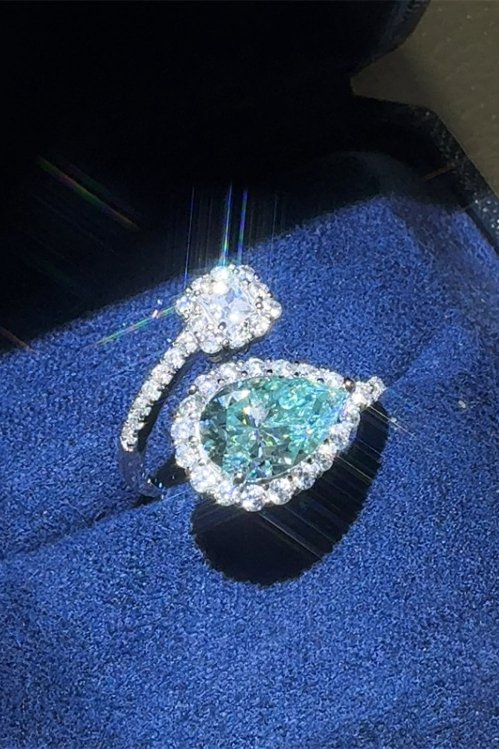 old mine cut engagement rings cushion cut moissanite 2 Carat Moissanite 925 Sterling Silver Bypass Ring in Turquoise, size One Size, shown in top view highlighting gemstone detail