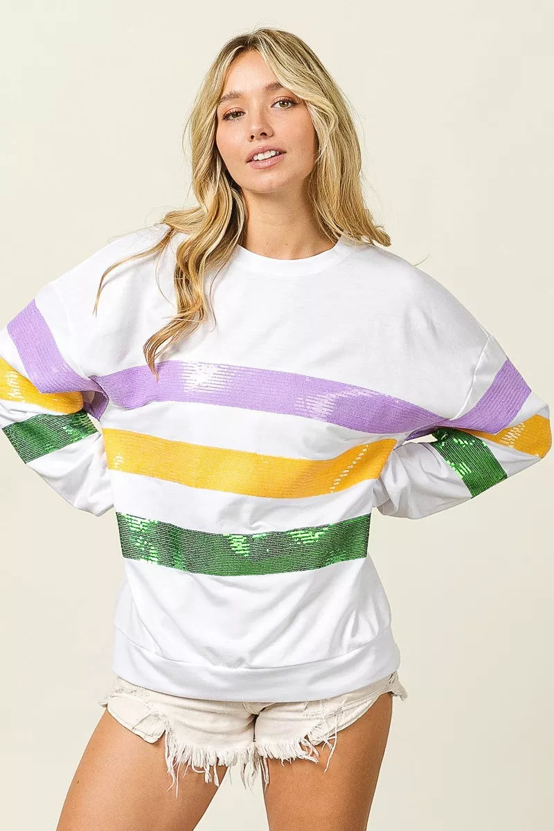 women's bibi sequin mardi gras striped round neck sweatshirt - styling option