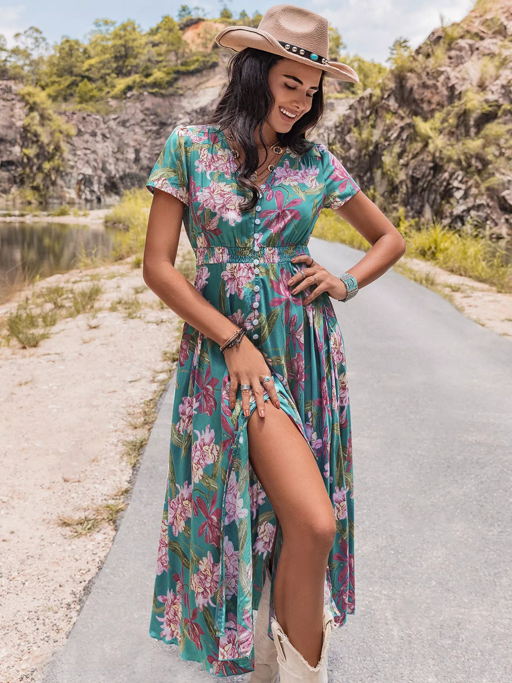 women's floral print short sleeve dress - second view