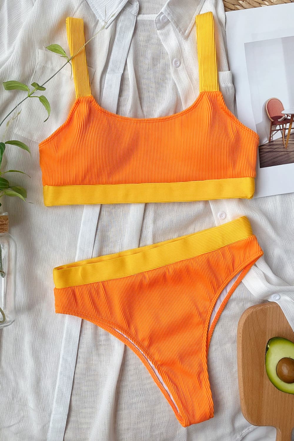 Color Block Scoop Neck Bikini Set Tangerine