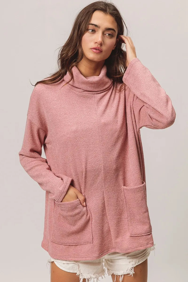 bibi piper rib double pocket turtle neck sweater shown as women’s sweater